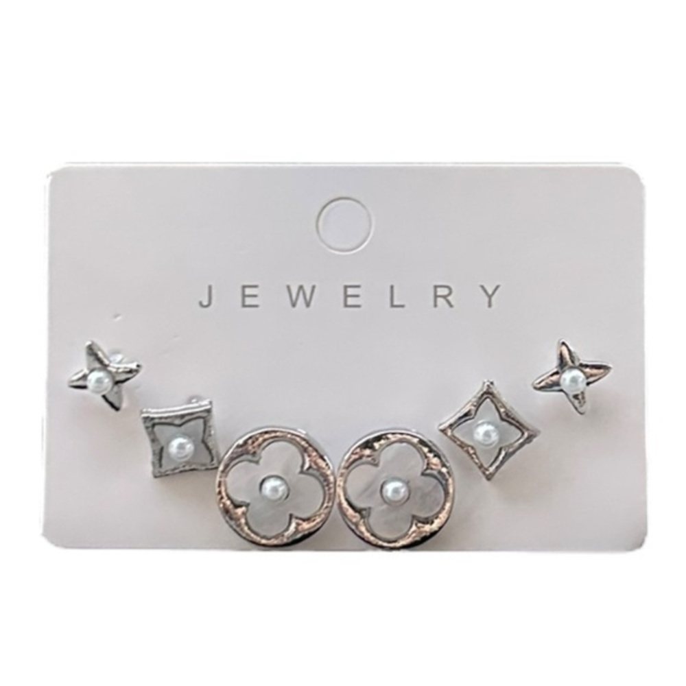 5/$25 Set of 3 Pair White & Silver Stud Earrings